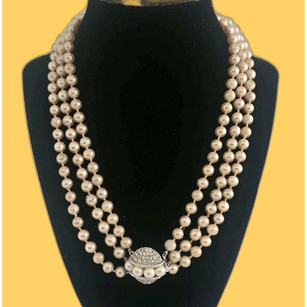 Vintage Marbella 3-Strand Glass Faux Pearl Necklace with Clear Rhinestone Clasp